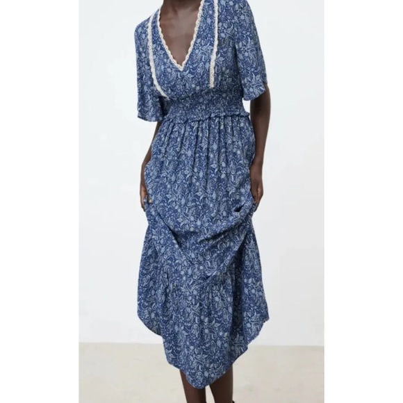 Zara Floral-Print Flutter-Sleeve Smocked-Waist Ruffled Midi Dress Small - Picture 2 of 9